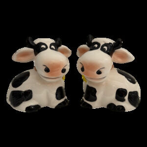 Vtg Anthropomorphic Black White Cow Salt Pepper Shaker Set Ceramic Japan Kitsch